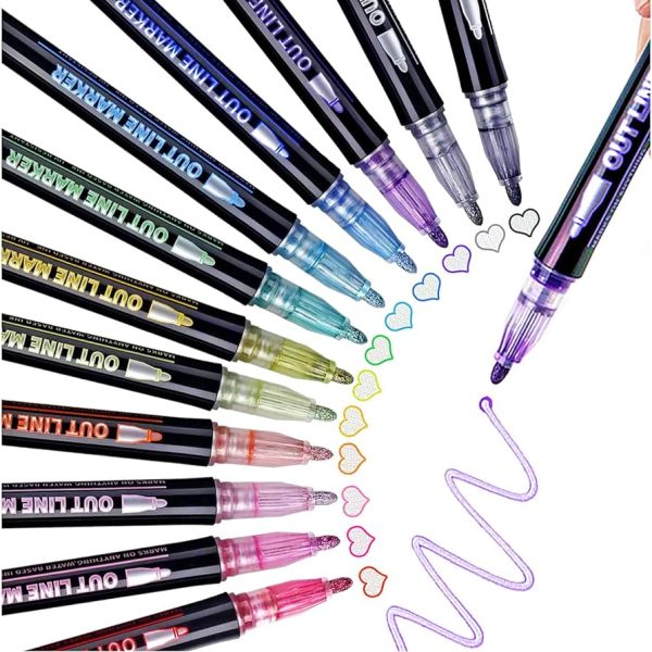 12-Color Double Line Contour Paint Marker Set